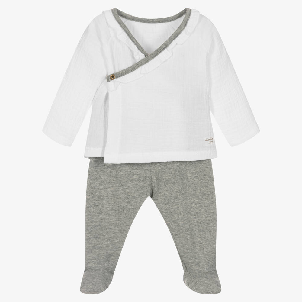 Pasito a Pasito - Girls White & Grey 2 Piece Babygrow | Childrensalon