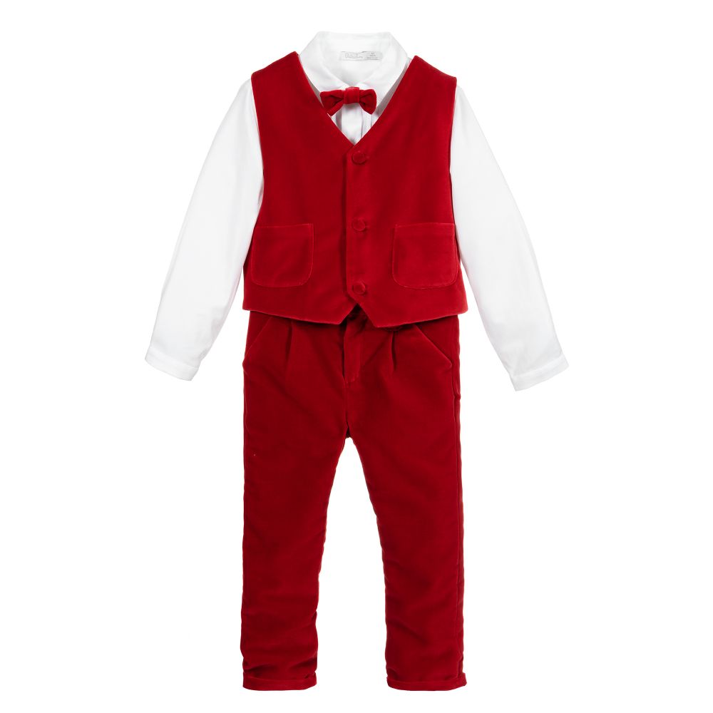 Patachou - بدلة 3 قطع مخمل وقطن لون أحمر وأبيض للأولاد | Childrensalon