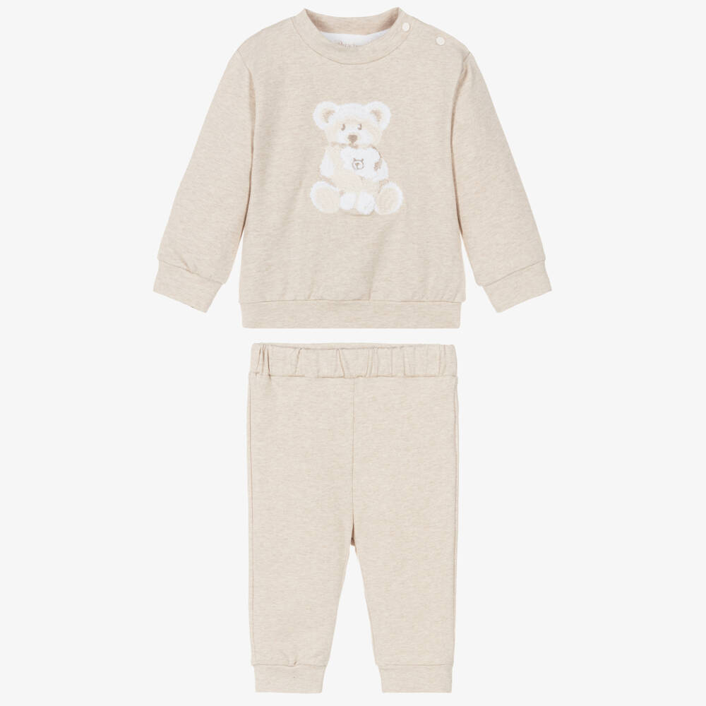 Patachou-Baby Boys Beige Marl Cotton Teddy Bear Tracksuit | Childrensalon Outlet