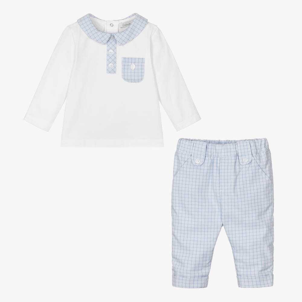 Patachou-Baby Boys Blue Cotton Check Trouser Set | Childrensalon Outlet