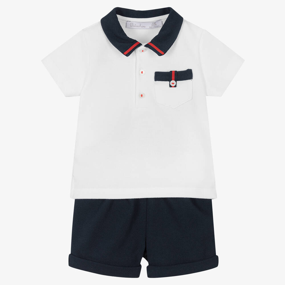 Patachou - Ensemble short blanc et bleu coton | Childrensalon