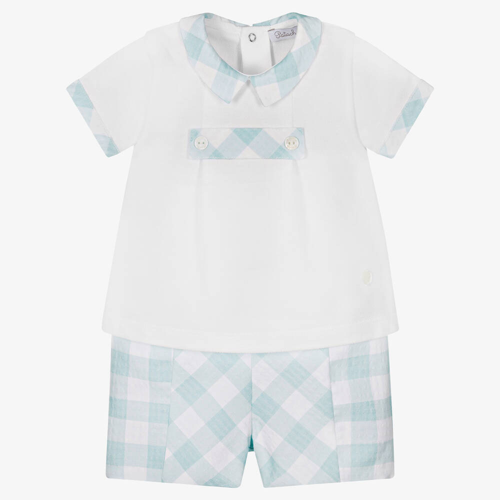 Patachou - Top & Karo-Shorts Set in Weiß/Blau | Childrensalon