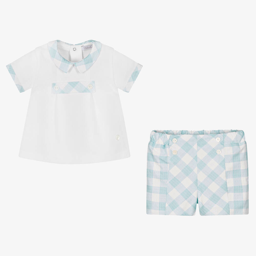Patachou-طقم شورت قطن كاروهات لون أبيض وأزرق تركواز | Childrensalon Outlet
