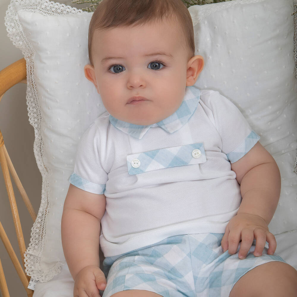 Patachou-طقم شورت قطن كاروهات لون أبيض وأزرق تركواز | Childrensalon Outlet