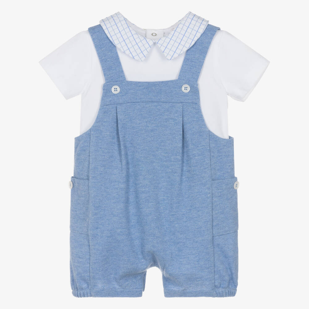 Patachou-Baby Boys White & Blue Cotton Dungaree Shorts Set | Childrensalon Outlet