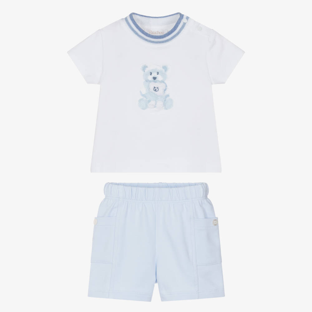 Patachou-Baby Boys White & Blue Teddy Bear Shorts Set | Childrensalon Outlet