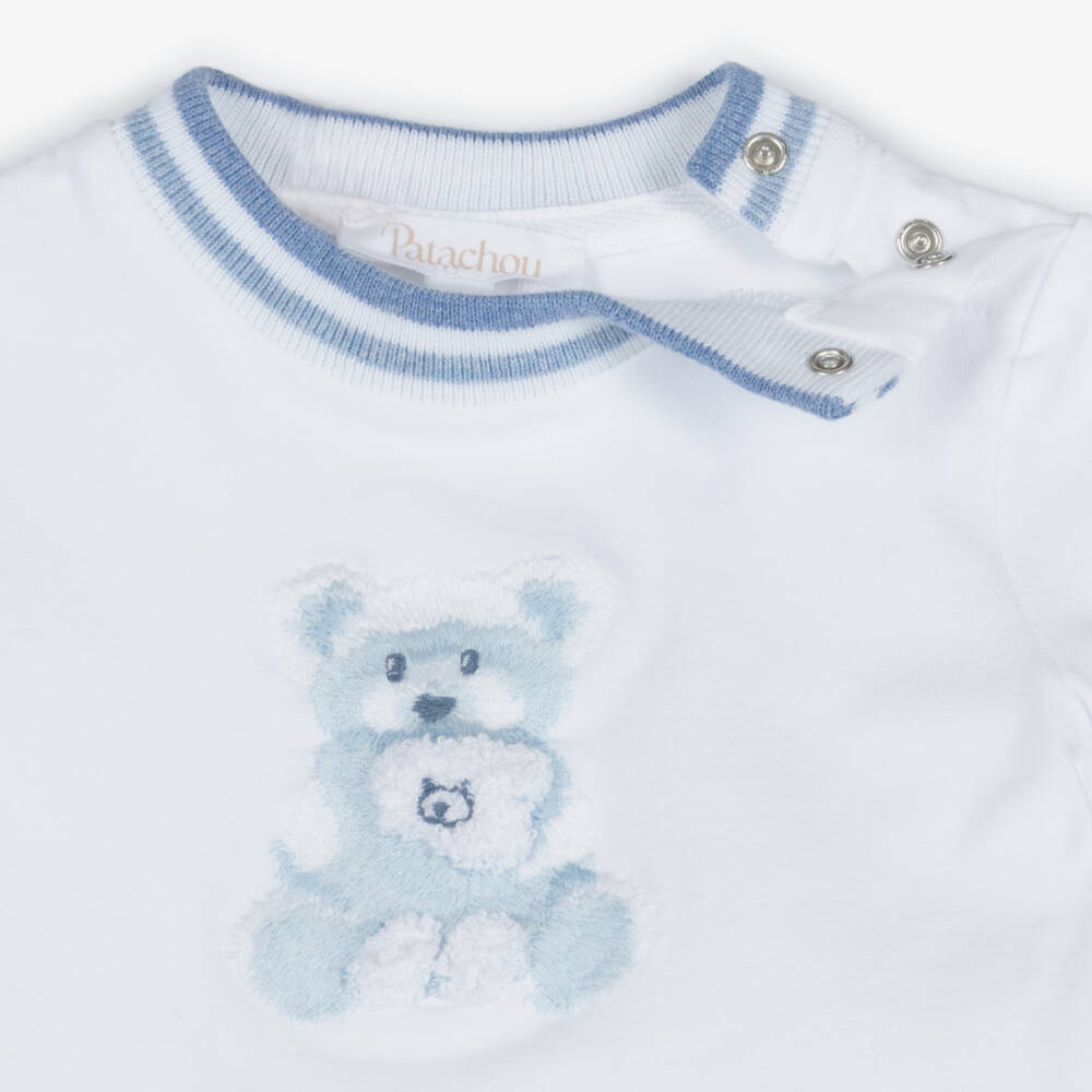 Patachou-Baby Boys White & Blue Teddy Bear Shorts Set | Childrensalon Outlet