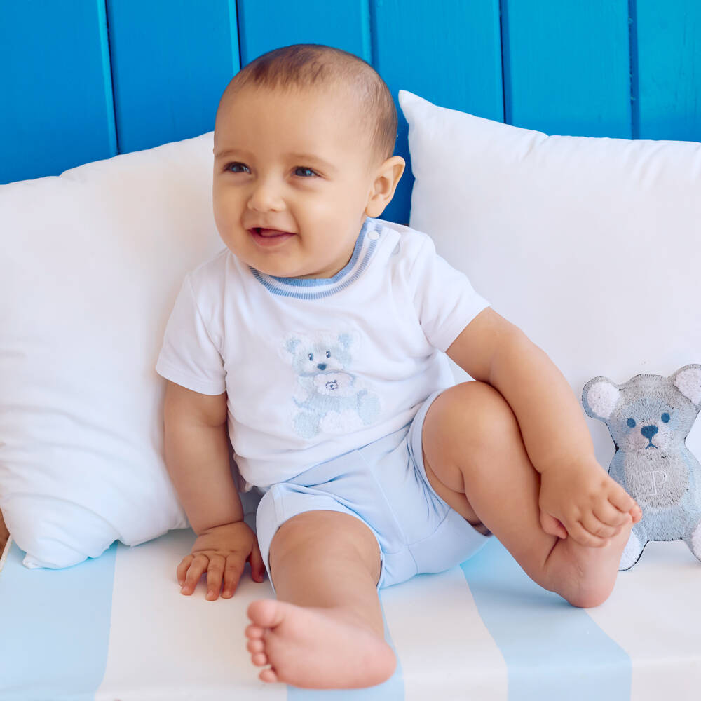 Patachou-Baby Boys White & Blue Teddy Bear Shorts Set | Childrensalon Outlet