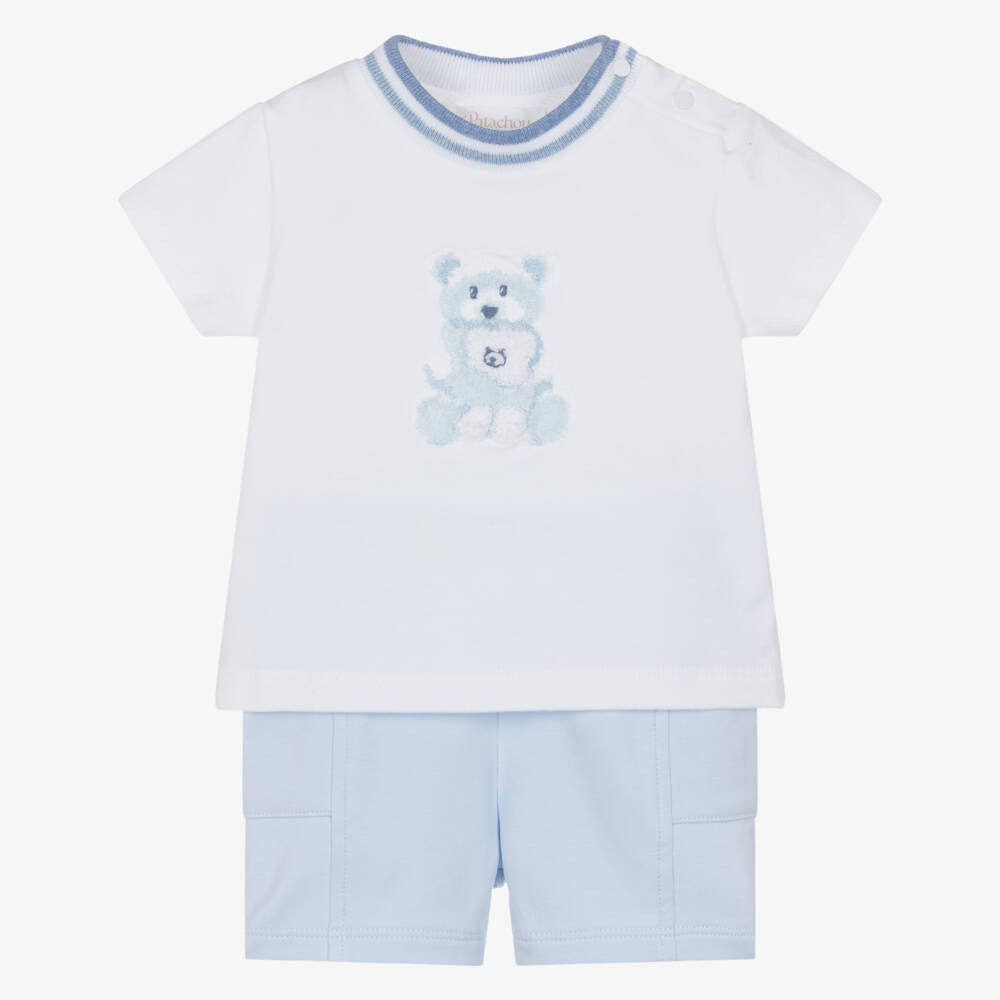 Patachou-Baby Boys White & Blue Teddy Bear Shorts Set | Childrensalon Outlet