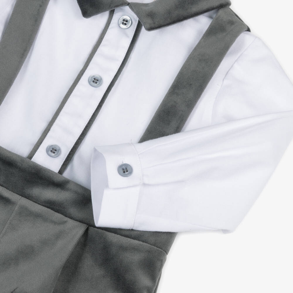 Patachou-Baby Boys White Cotton & Grey Velvet Shortie | Childrensalon Outlet