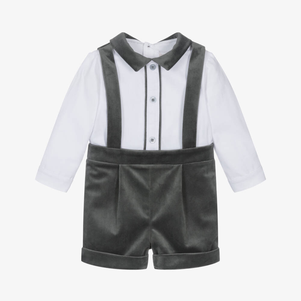 Patachou-Baby Boys White Cotton & Grey Velvet Shortie | Childrensalon Outlet