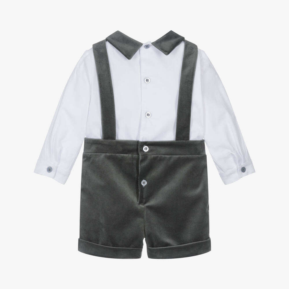 Patachou-Baby Boys White Cotton & Grey Velvet Shortie | Childrensalon Outlet