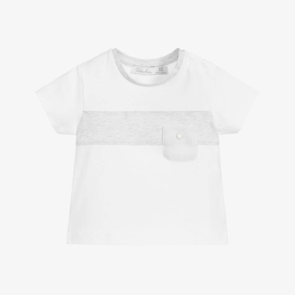 Patachou-Baby Boys White & Grey Panel T-Shirt | Childrensalon Outlet