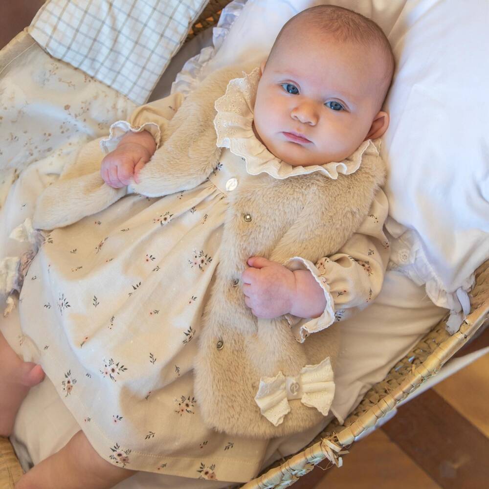 Patachou-Baby Girls Beige Floral Cotton Twill Dress | Childrensalon Outlet