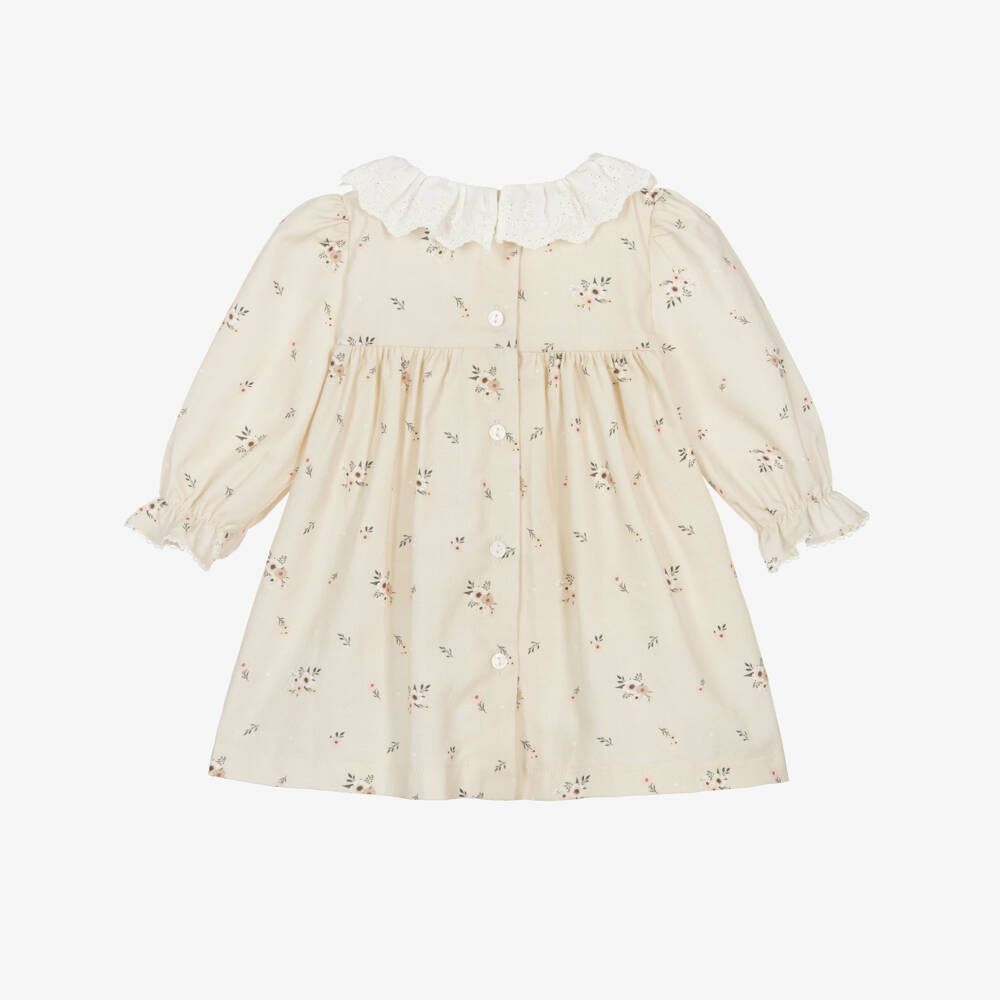Patachou-Baby Girls Beige Floral Cotton Twill Dress | Childrensalon Outlet