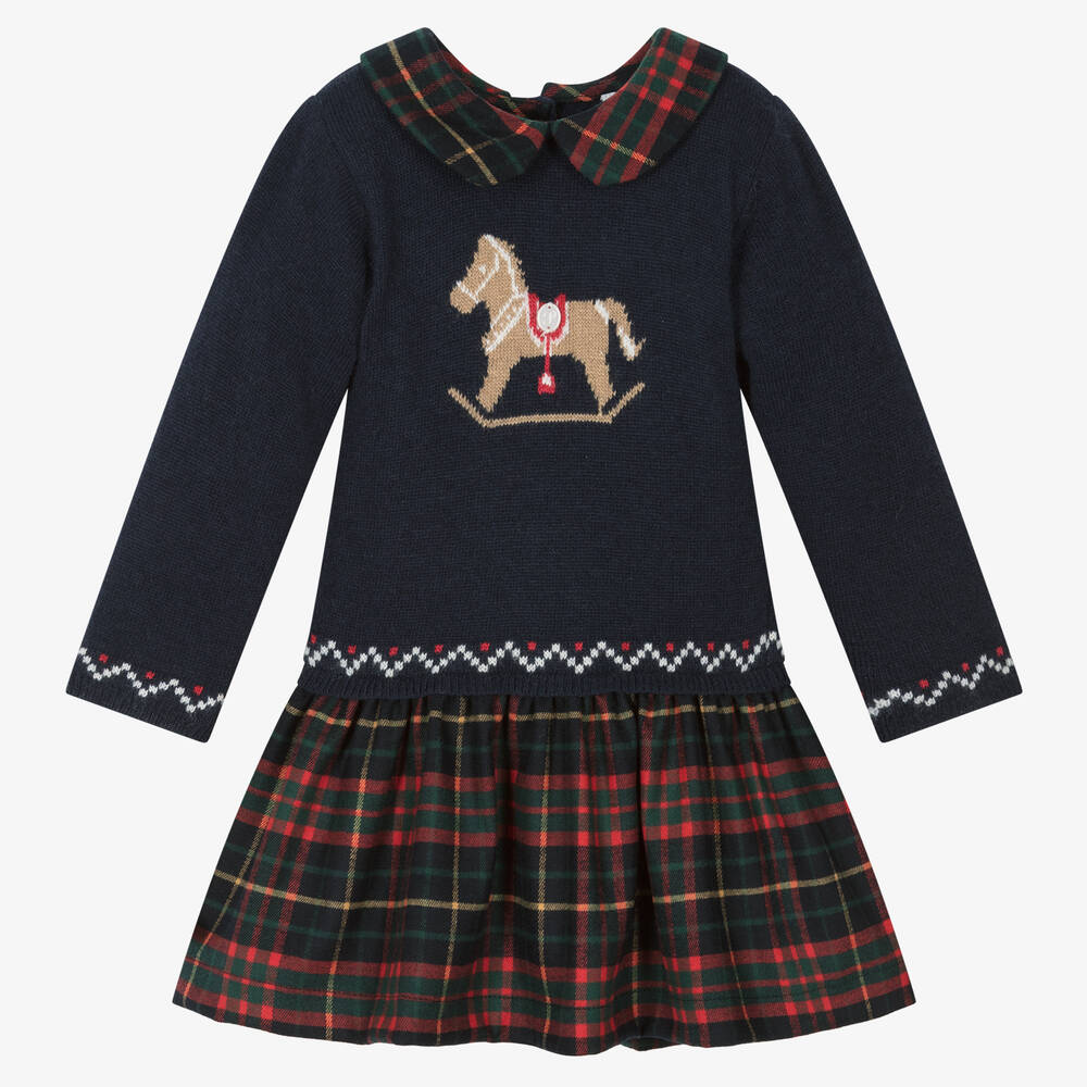 Patachou - Baby Girls Blue Tartan Knit Dress | Childrensalon