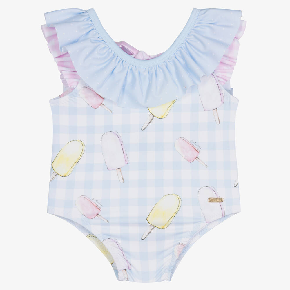 Patachou - Baby Girls Blue & White Checked Swimsuit | Childrensalon