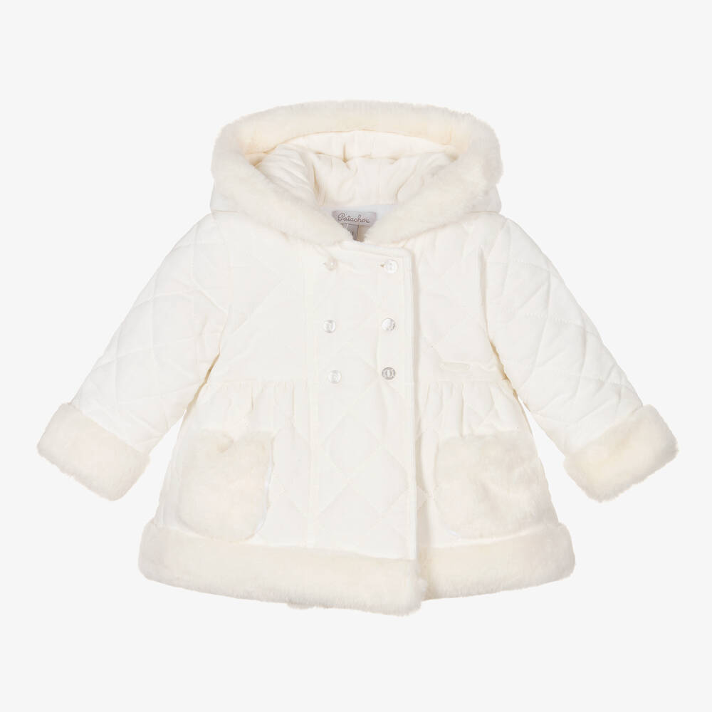 Patachou - Baby Girls Ivory Quilted Corduroy Coat | Childrensalon