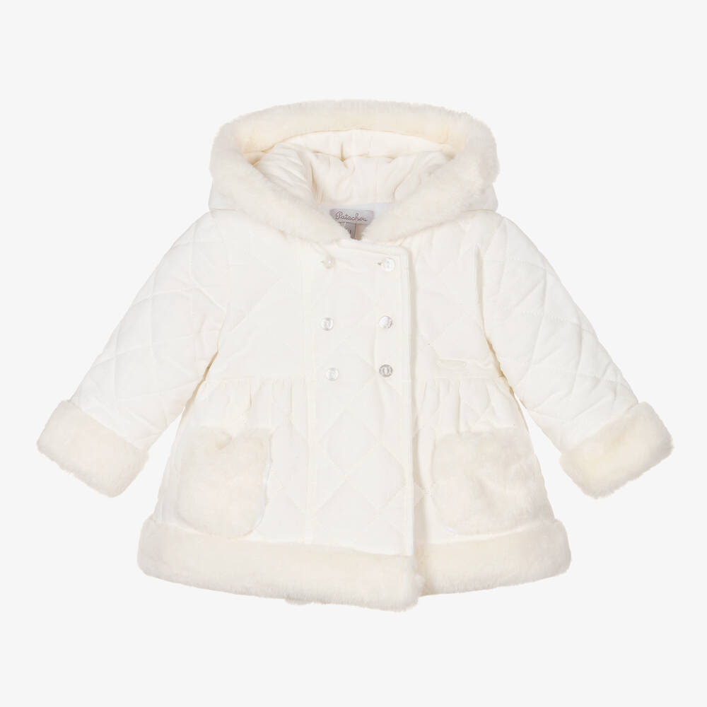 Patachou-Baby Girls Ivory Quilted Corduroy Coat | Childrensalon Outlet