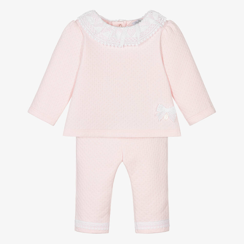 Patachou - Baby Girls Pink Cotton Lace Trouser Set | Childrensalon