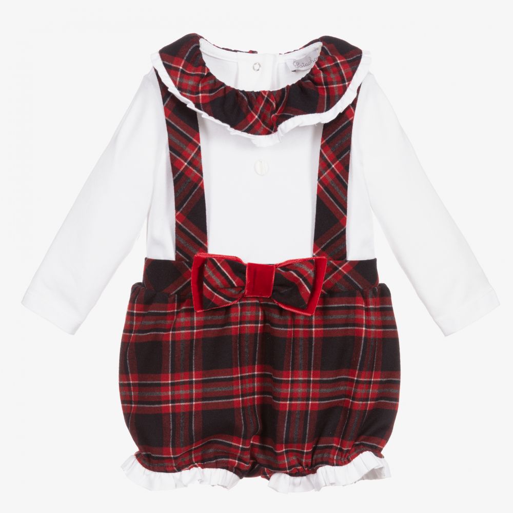 Patachou - Combi-short écossaise rouge Bébé fille  | Childrensalon