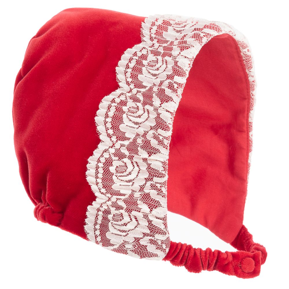 Patachou - قبعة بونيه قطن مخمل ودانتيل لون أحمر وعاجي للمولودات | Childrensalon