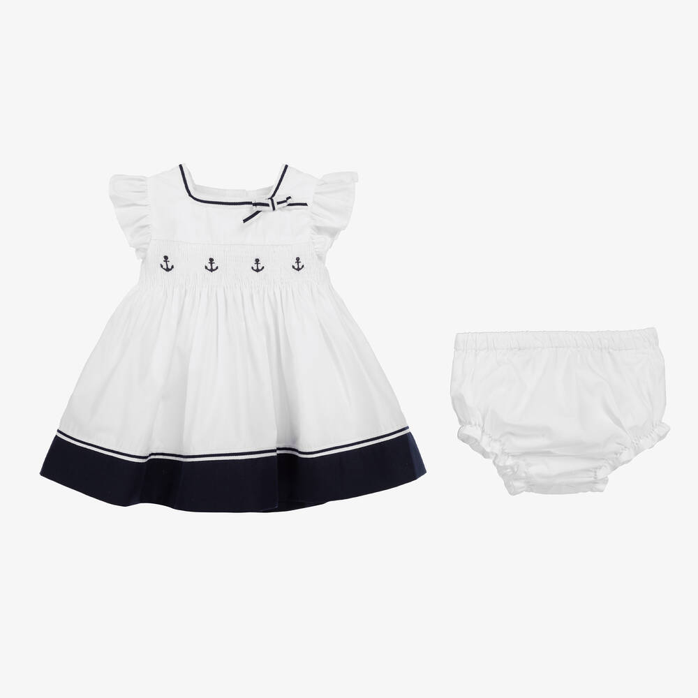 Patachou-Baby Girls White & Blue Cotton Dress | Childrensalon Outlet