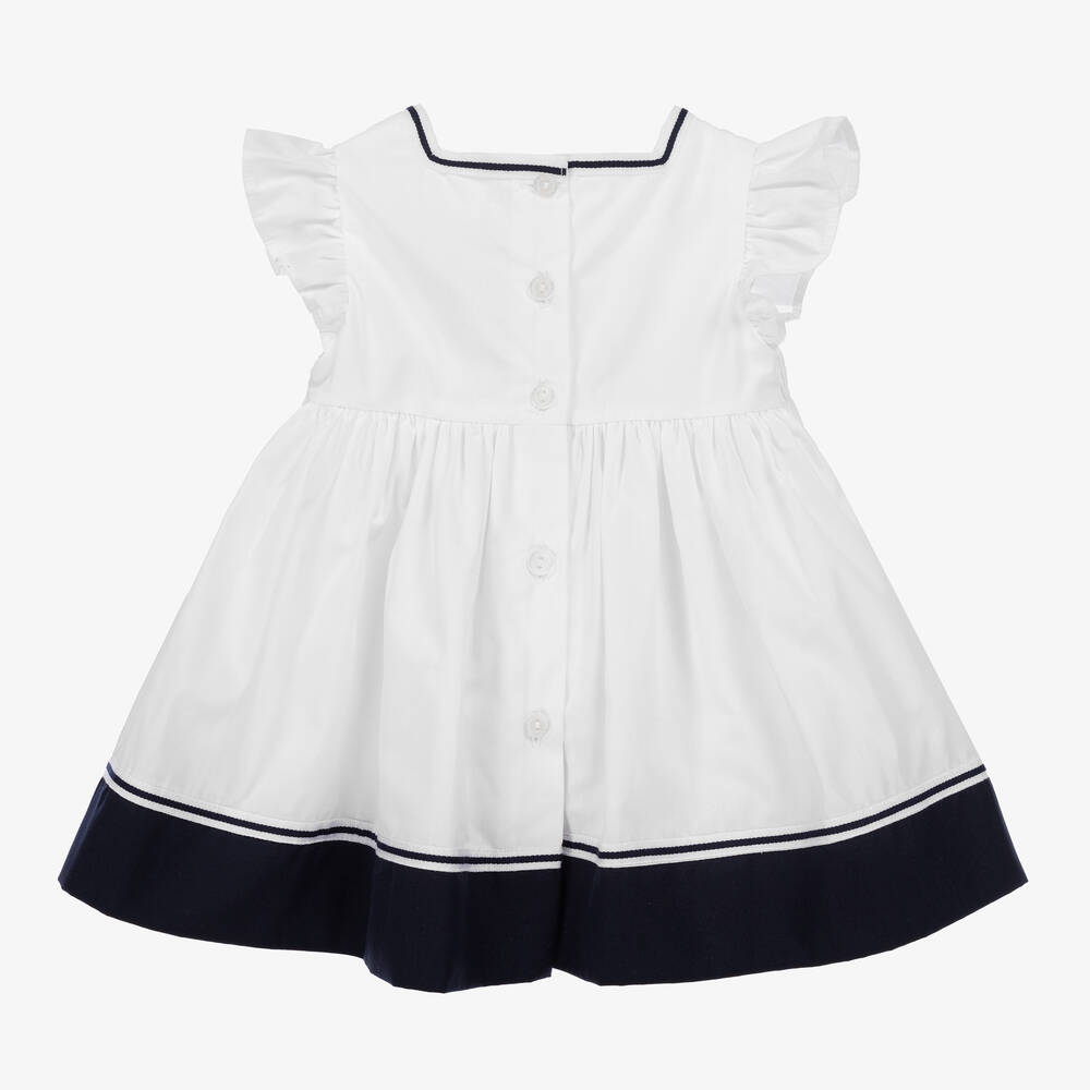 Patachou-Baby Girls White & Blue Cotton Dress | Childrensalon Outlet