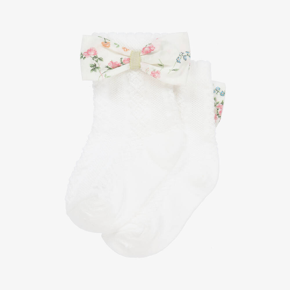 Patachou-Baby Girls White Cotton Floral Bow Socks | Childrensalon Outlet