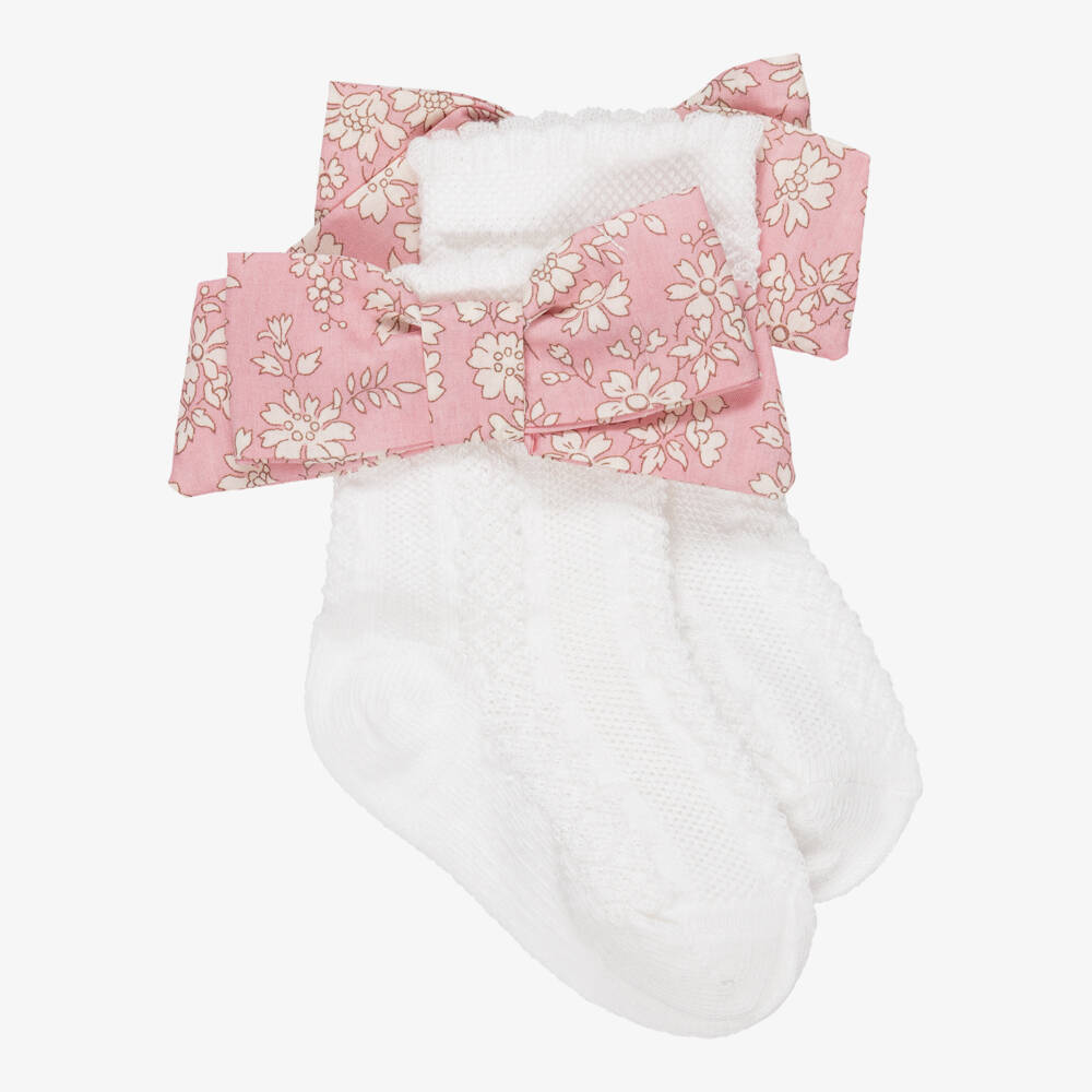 Patachou-Baby Girls White Cotton Socks with Pink Liberty Print Bows | Childrensalon Outlet
