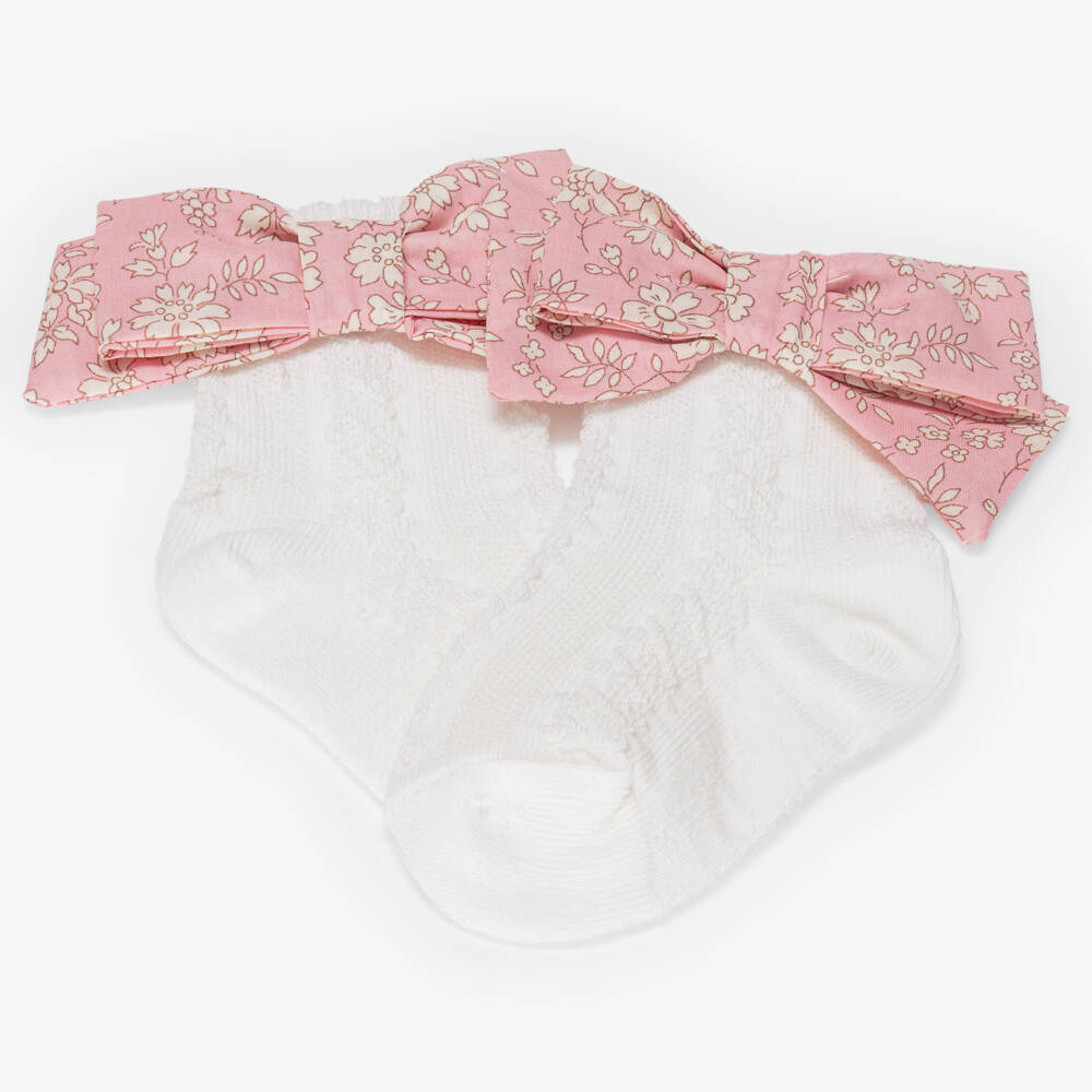 Patachou-Baby Girls White Cotton Socks with Pink Liberty Print Bows | Childrensalon Outlet