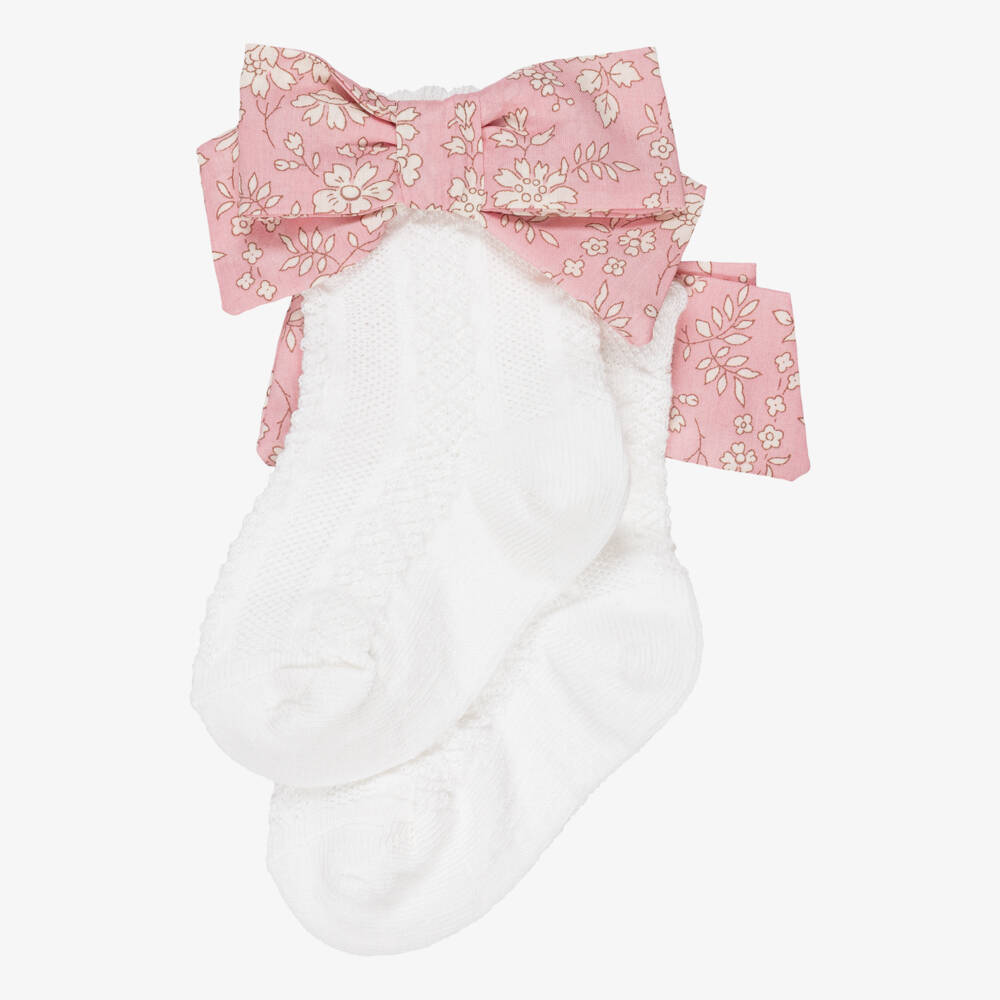 Patachou-Baby Girls White Cotton Socks with Pink Liberty Print Bows | Childrensalon Outlet