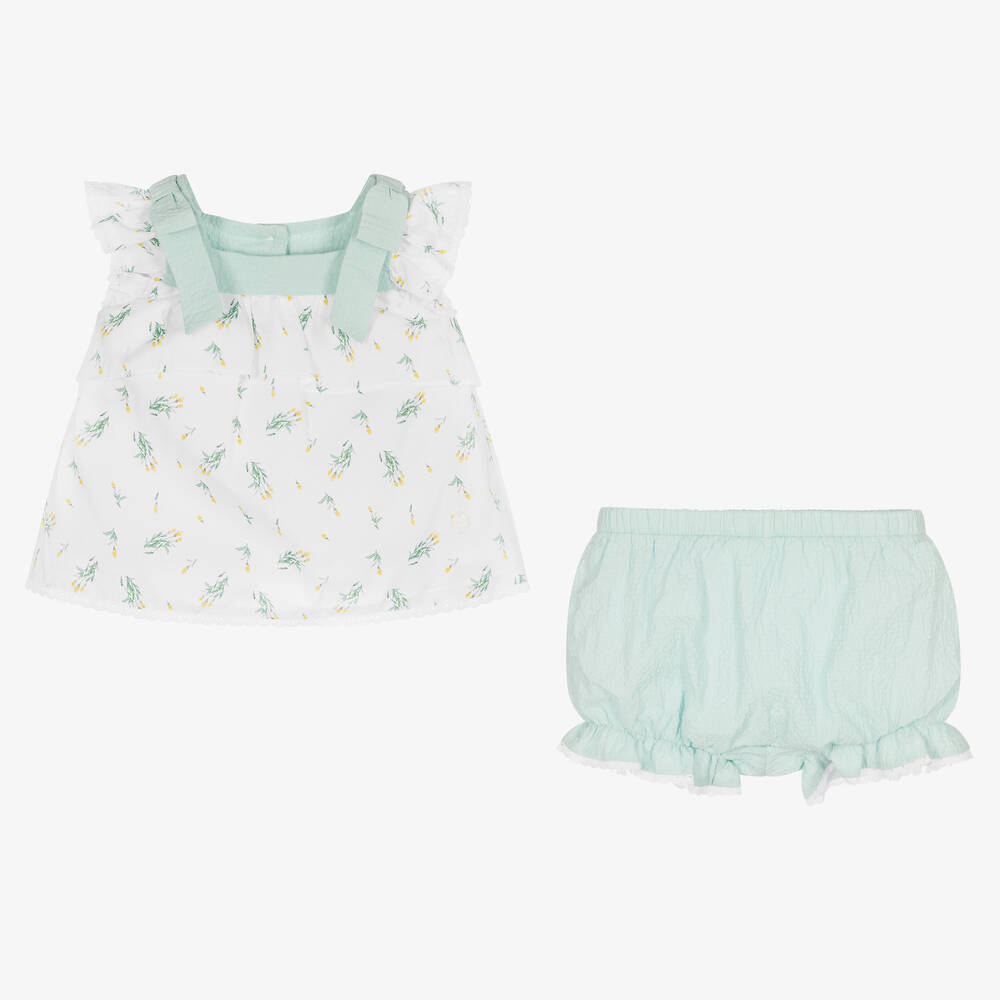 Patachou-طقم شورت قطن فوال لون أخضر وأبيض للمولودات | Childrensalon Outlet