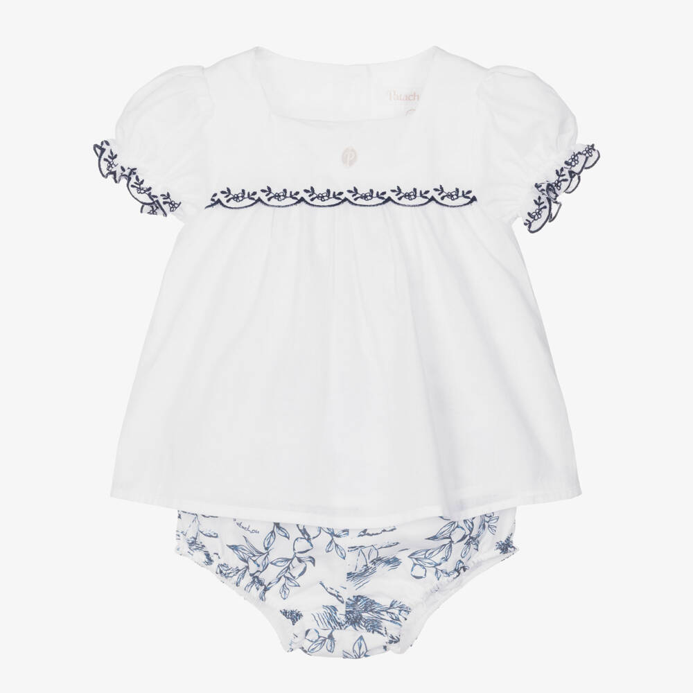 Patachou-Baby Girls White & Navy Blue Floral Cotton Shorts Set | Childrensalon Outlet