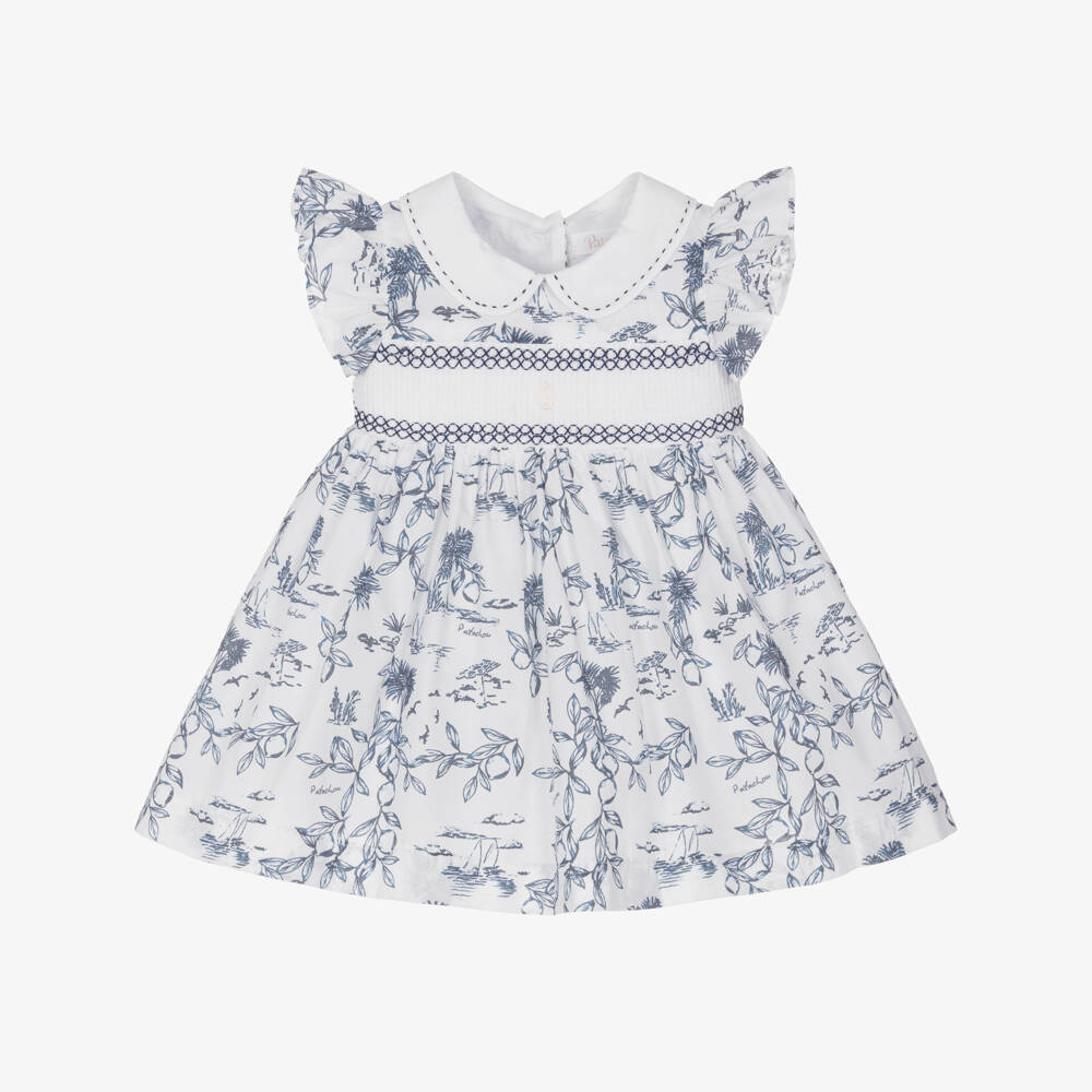 Patachou-Baby Girls White & Navy Blue Smocked Dress | Childrensalon Outlet