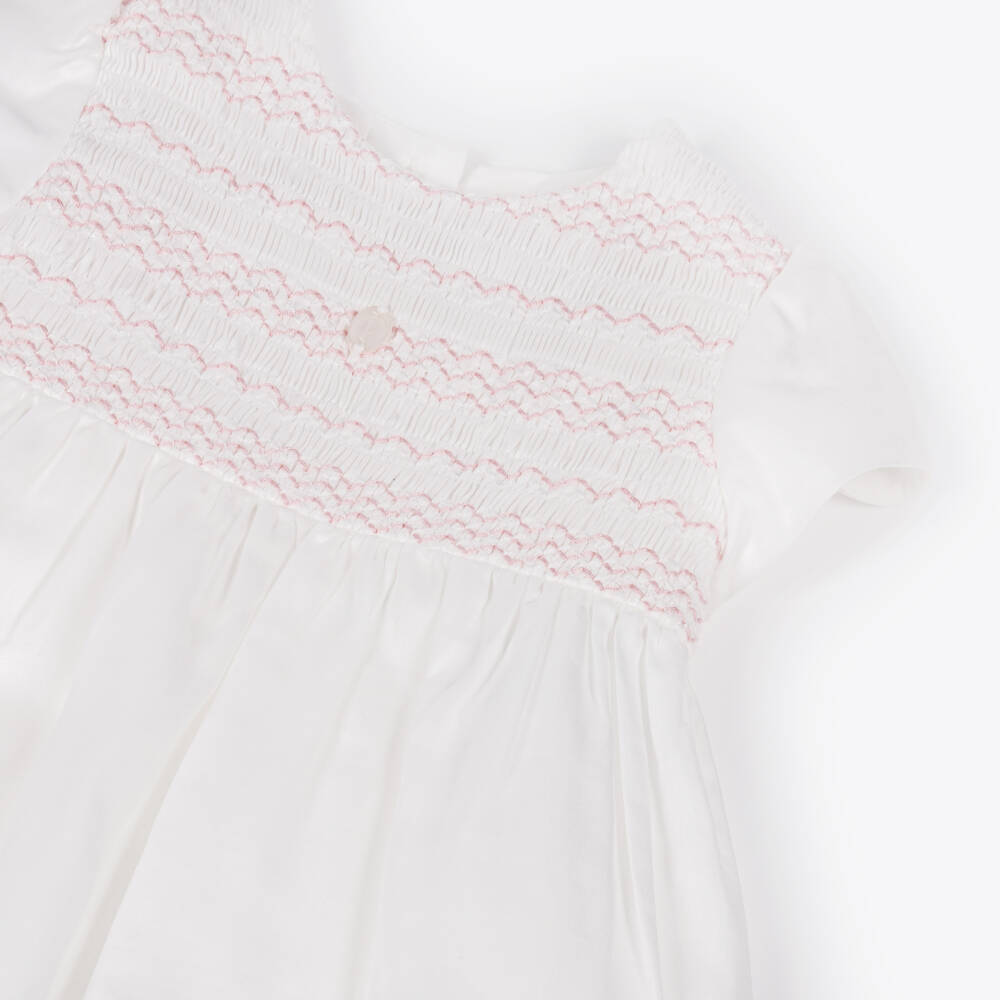 Patachou-Baby Girls White & Pink Smocked Cotton Dress | Childrensalon Outlet