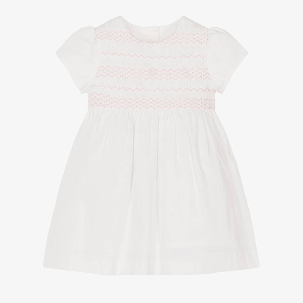 Patachou-Baby Girls White & Pink Smocked Cotton Dress | Childrensalon Outlet