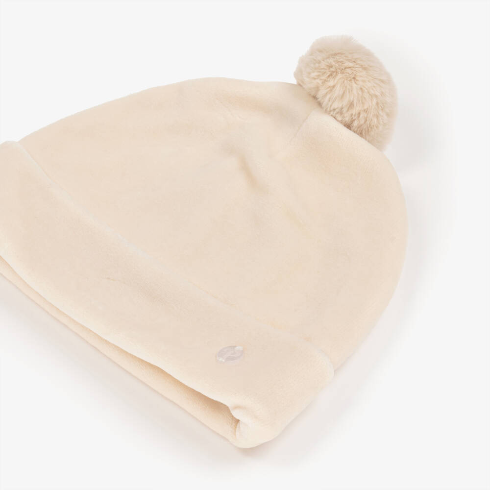 Patachou-Beige Velour Baby Hat with Faux Fur Pom-Pom | Childrensalon Outlet