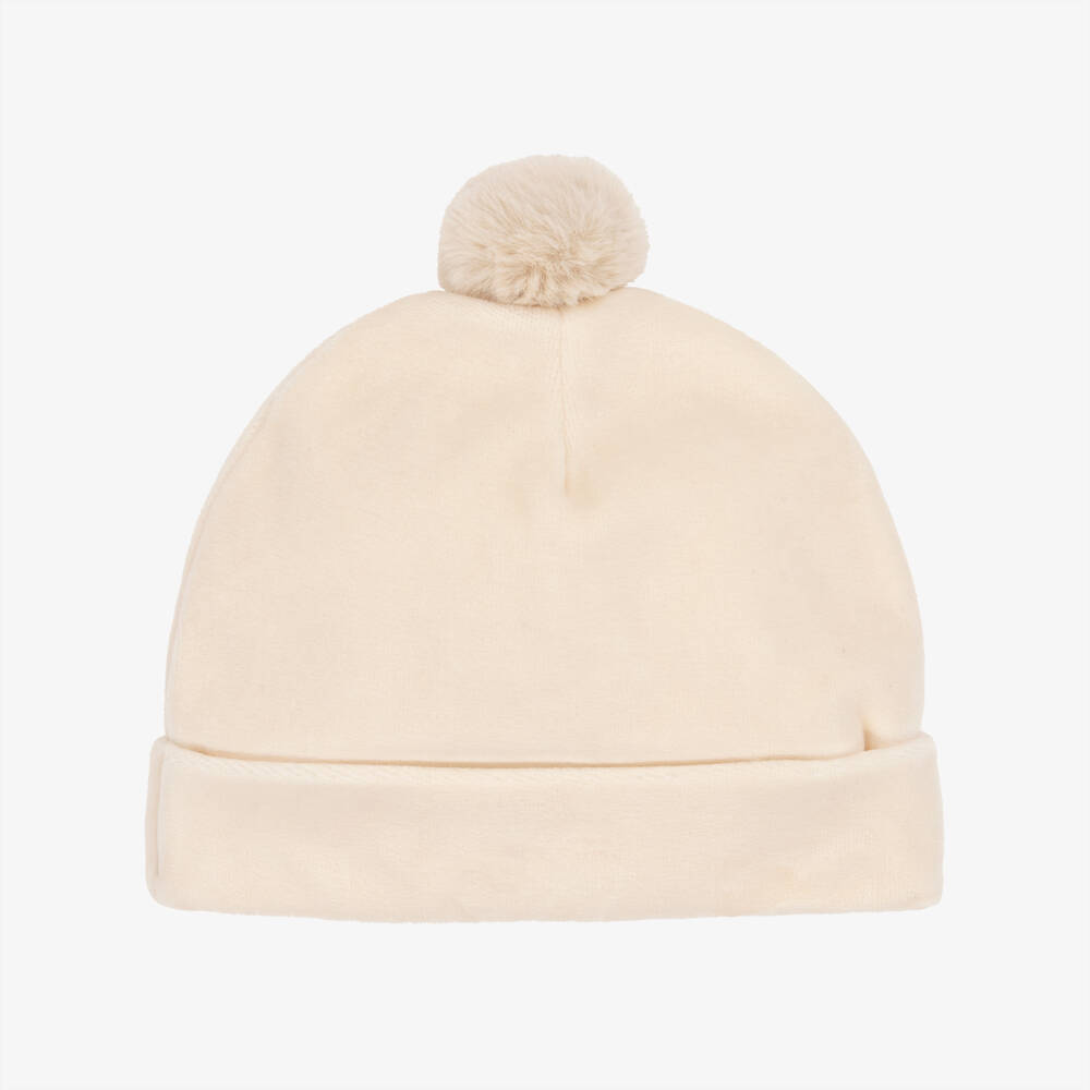Patachou-Beige Velour Baby Hat with Faux Fur Pom-Pom | Childrensalon Outlet