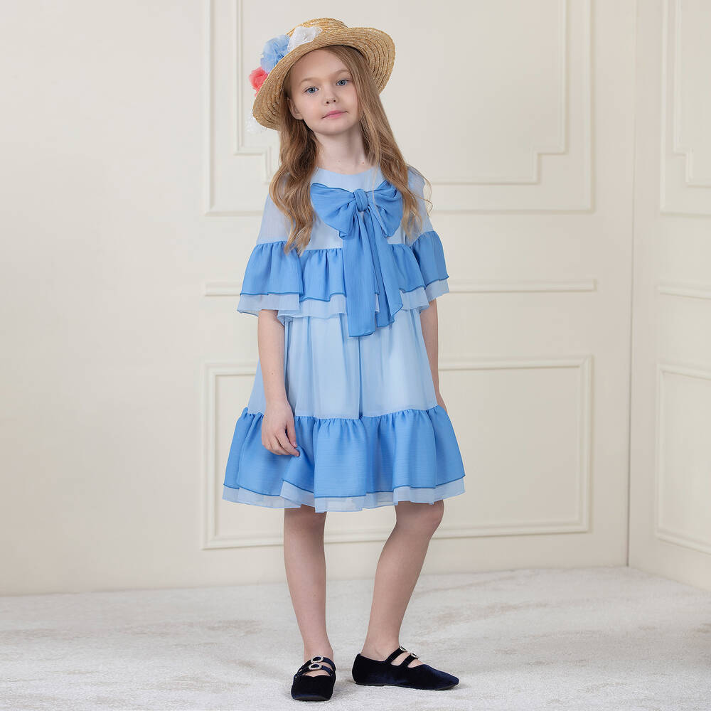 Patachou-Blue Chiffon Bow Dress | Childrensalon Outlet
