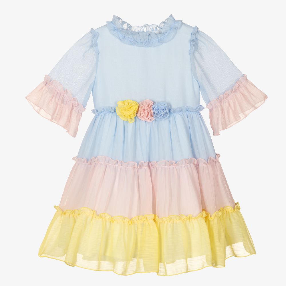 Patachou - فستان شيفون كريب لون أزرق باهت وزهري  | Childrensalon