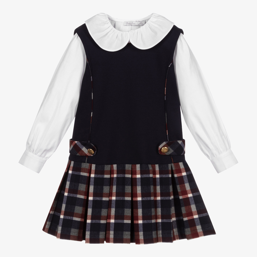 Patachou-طقم فستان قطن تارتان لون كحلي وأحمر | Childrensalon Outlet