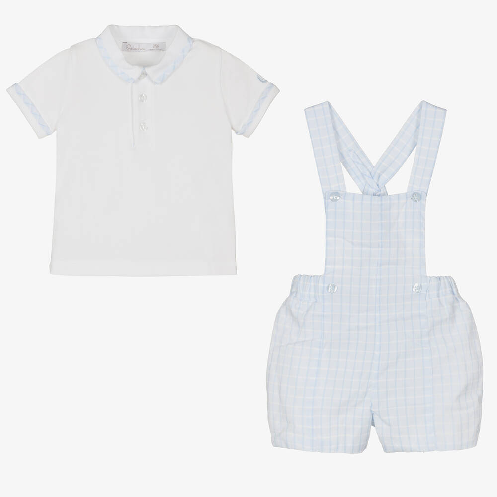 Patachou-طقم دانغريز قطن بيكيه كاروهات لون أبيض وأزرق | Childrensalon Outlet