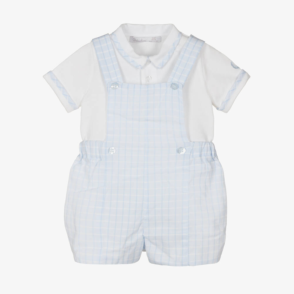 Patachou - Blue & White Check Cotton Dungaree Set | Childrensalon