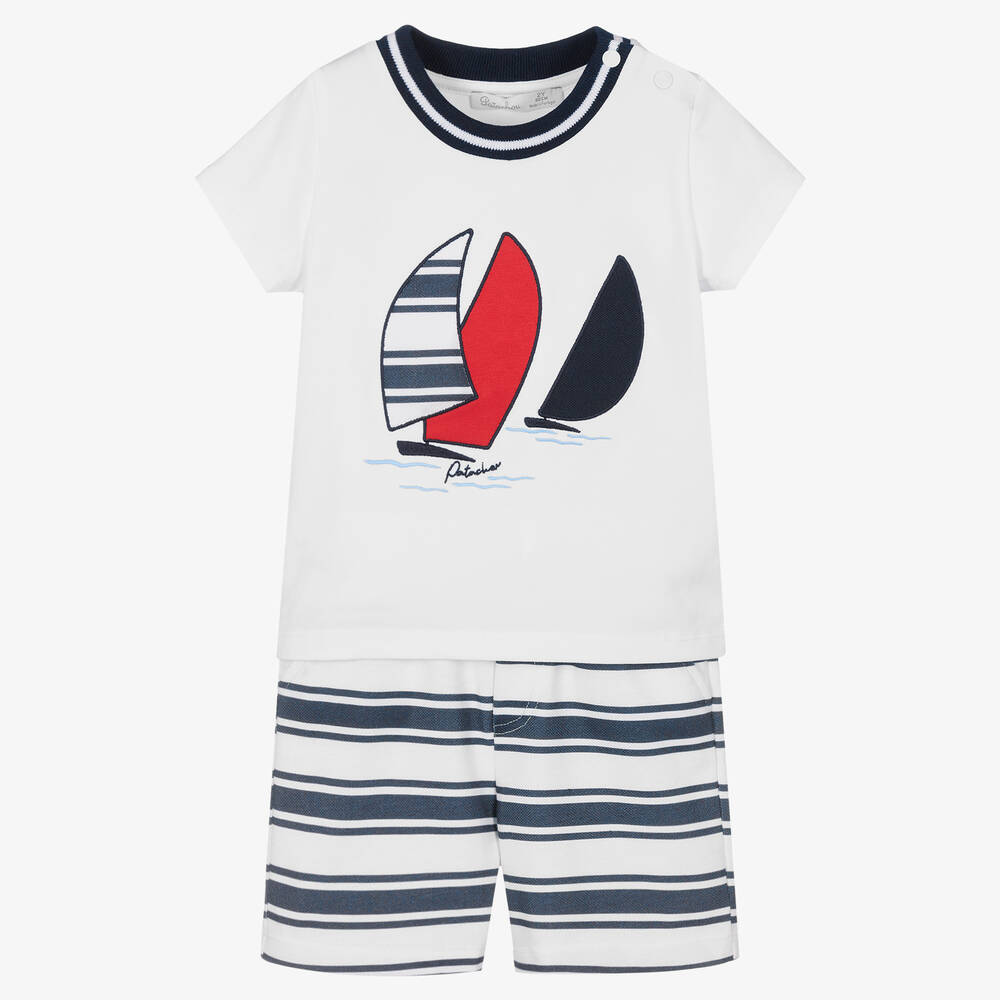 Patachou - Blue & White Cotton Sail Boat Shorts Set | Childrensalon