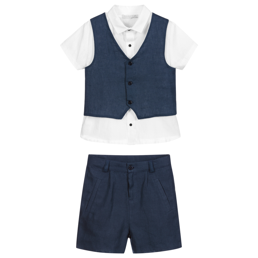Patachou-Blue & White Linen Shorts Set | Childrensalon Outlet