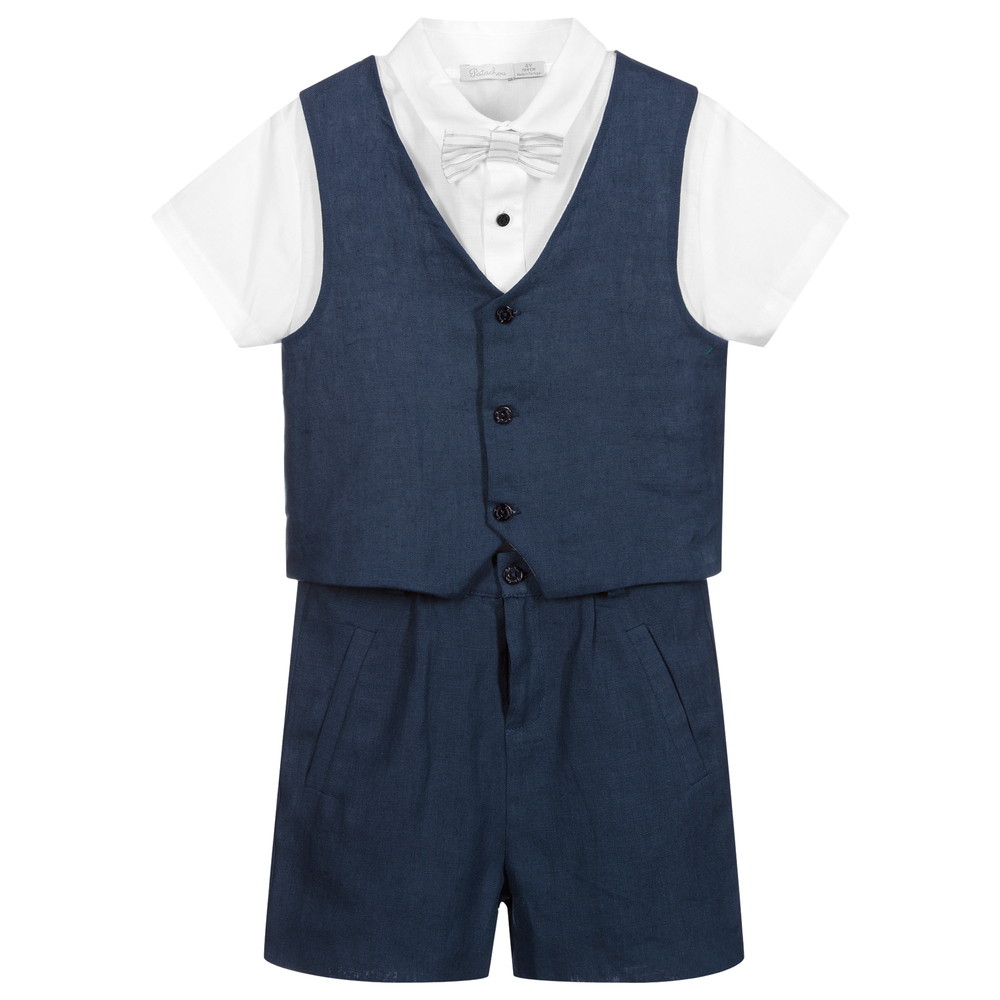 Patachou - Ensemble short bleu et blanc en lin | Childrensalon