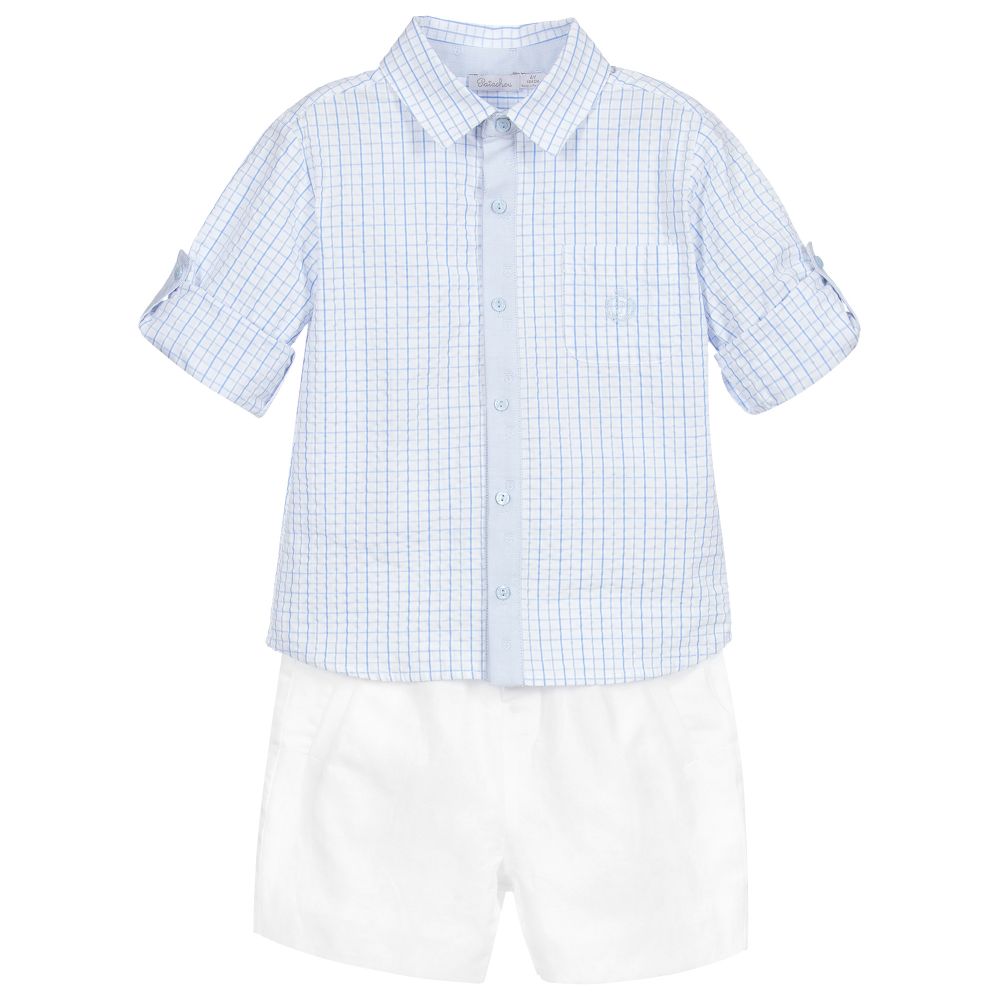 Patachou - طقم شورت وقميص قطن وكتّان لون أزرق وأبيض للأولاد | Childrensalon