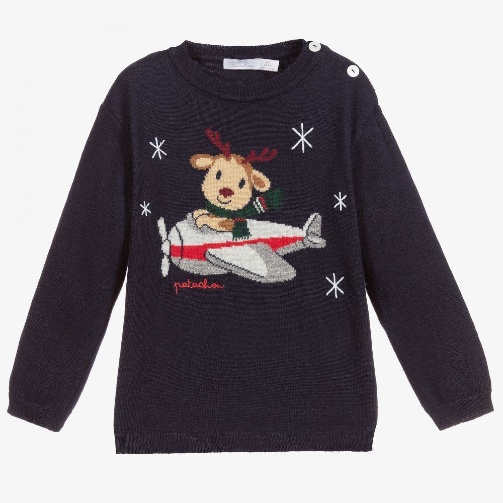 Patachou - Blue Wool Reindeer Sweater | Childrensalon