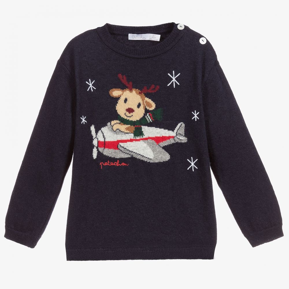Patachou-Синий шерстяной свитер с оленем | Childrensalon Outlet